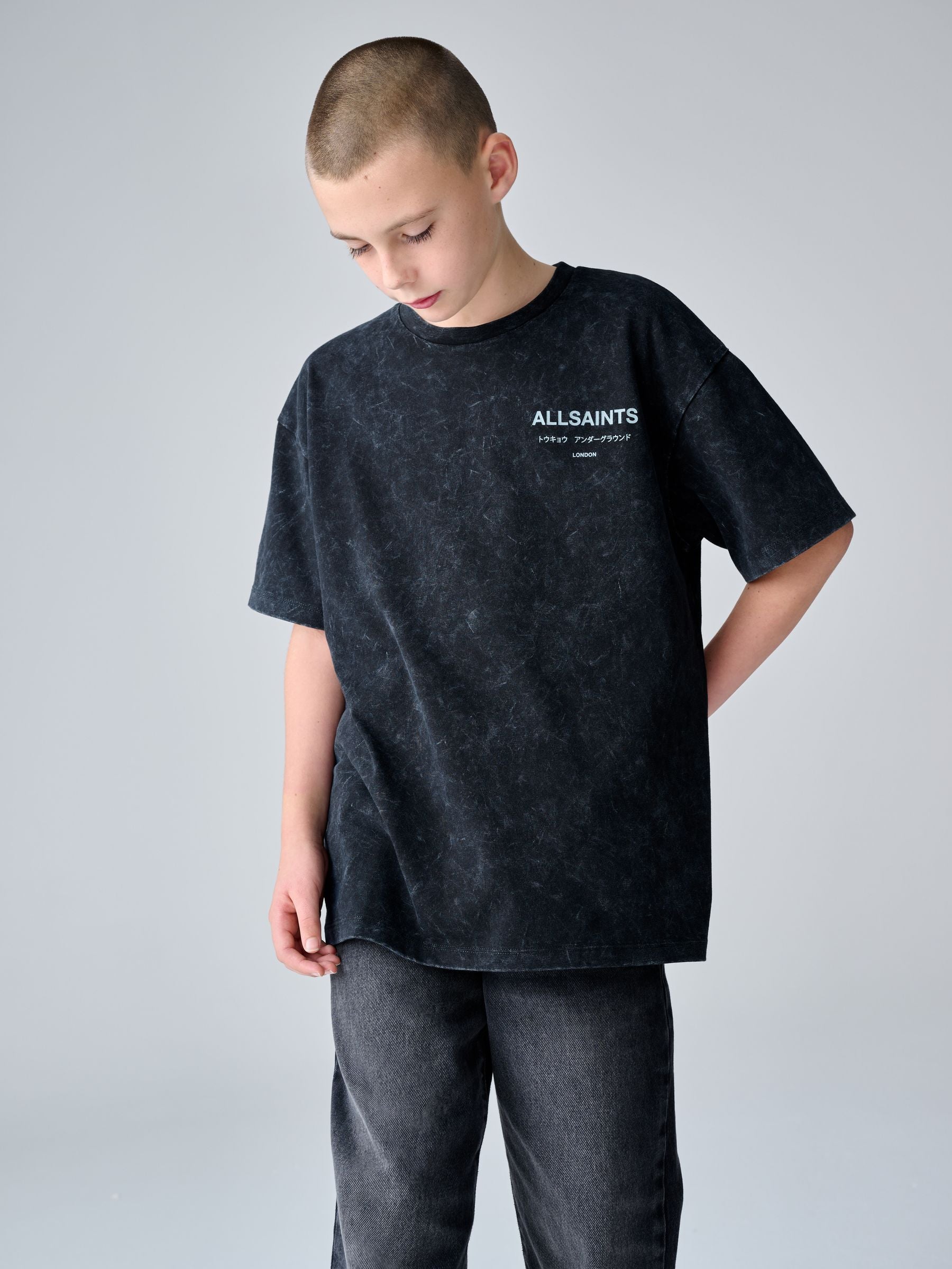 smALLSAINTS Washed Black Oversized Underground Crew Neck Cotton T-Shirt