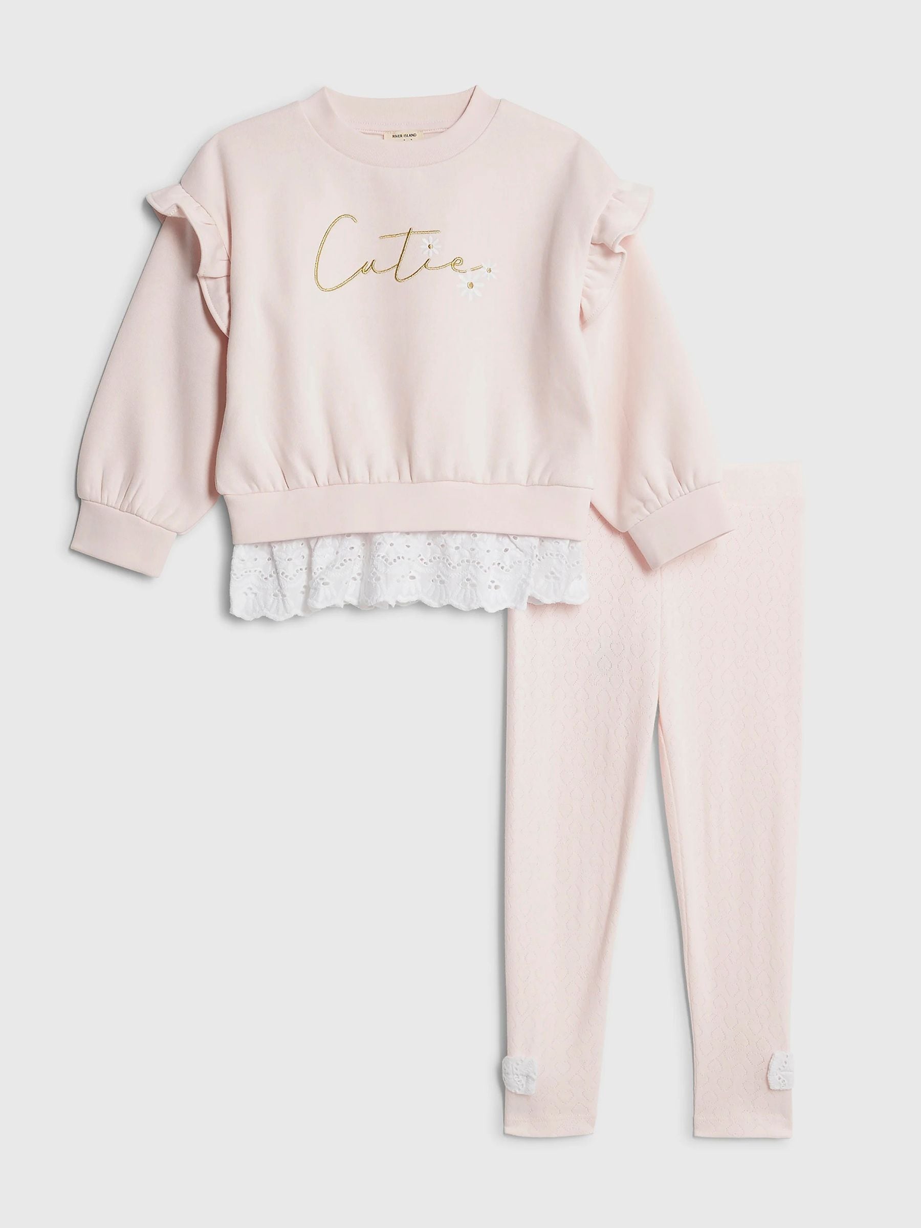 River Island Pink Broderie Frill Sweatshirt & Leggings Set