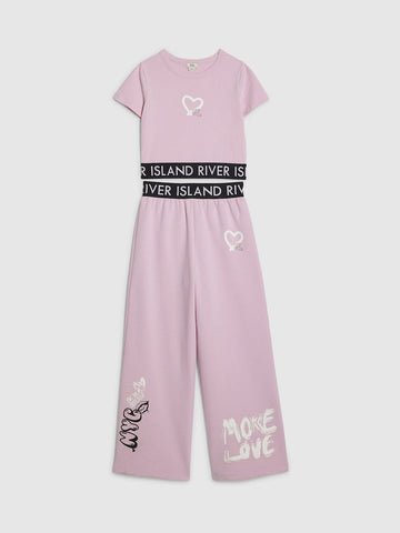 River Island Pink Grafitti Waistband Crop Top & Wide Leg Joggers Set