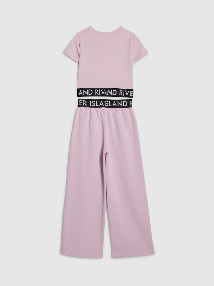 River Island Pink Grafitti Waistband Crop Top & Wide Leg Joggers Set