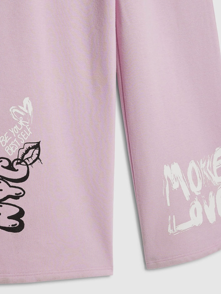 River Island Pink Grafitti Waistband Crop Top & Wide Leg Joggers Set