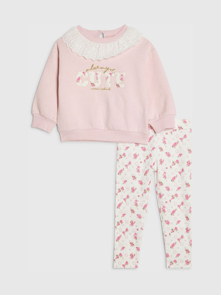 River Island Pink Collared Sweatshirt & Printed Legging Set