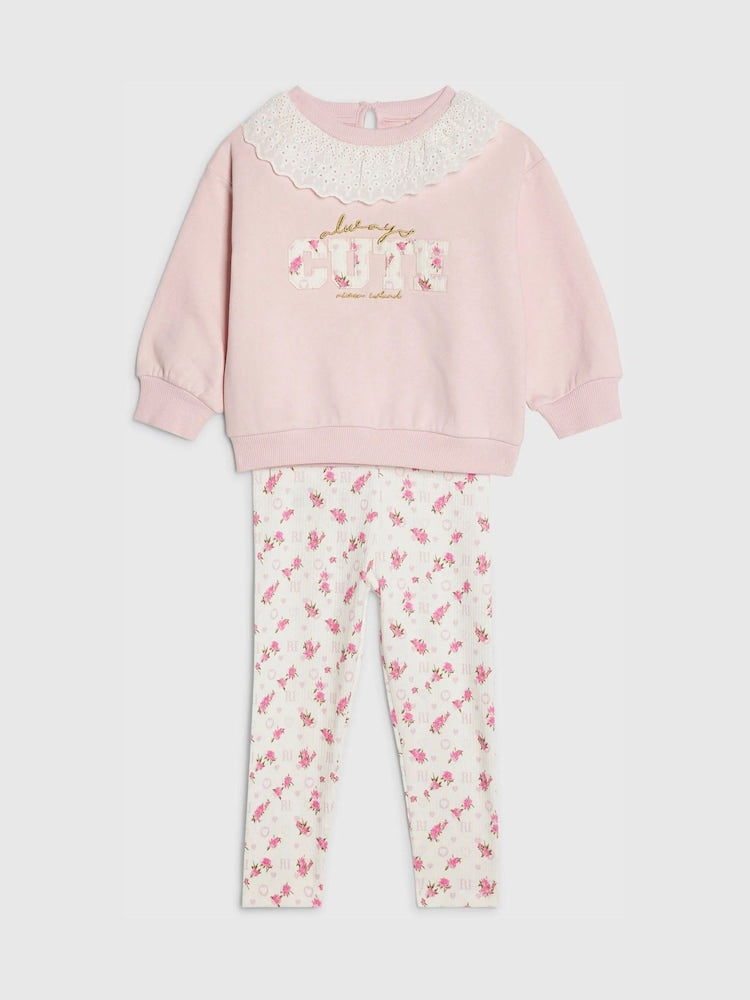 River Island Pink Collared Sweatshirt & Printed Legging Set