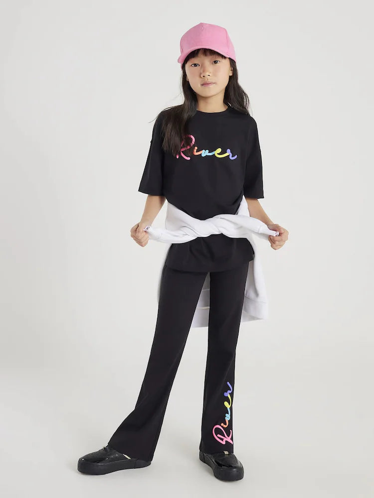 Girls River Island Black River T-Shirt & Kickflare Set