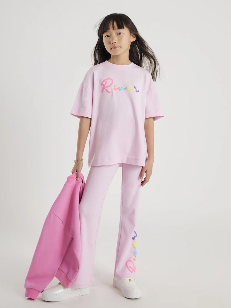 River Island Pink River Branded T-Shirt & Kickflare Set
