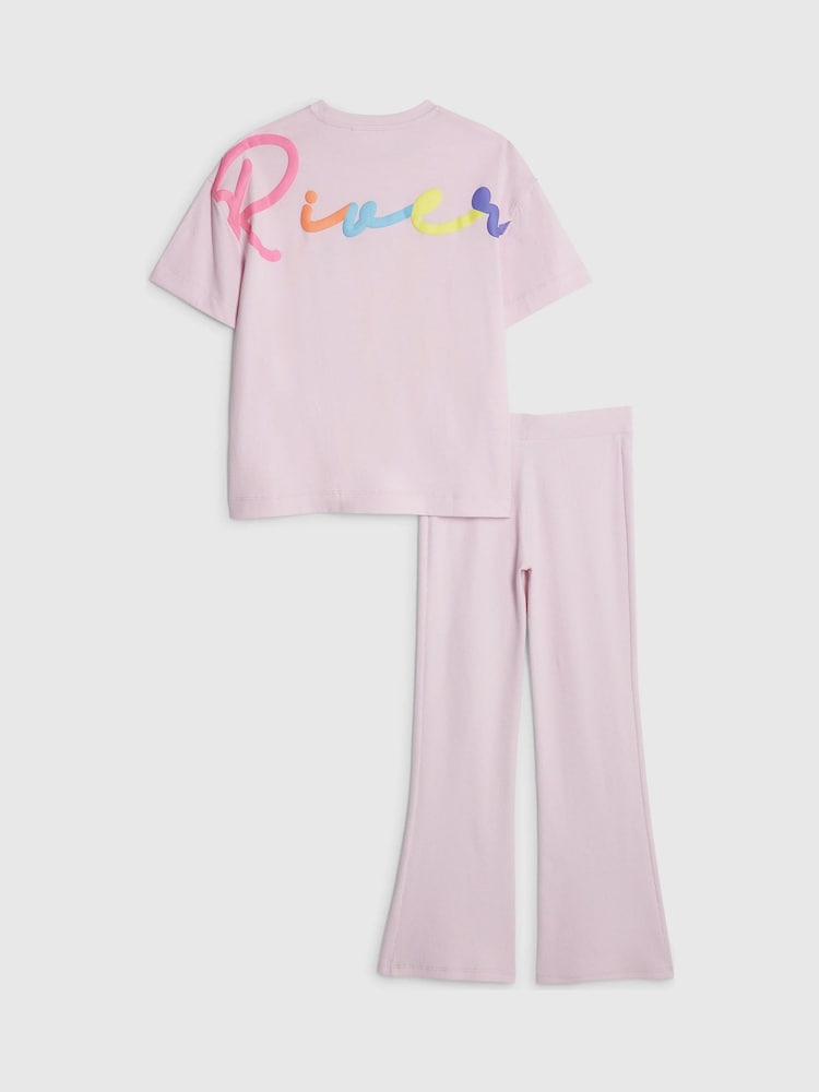 River Island Pink River Branded T-Shirt & Kickflare Set