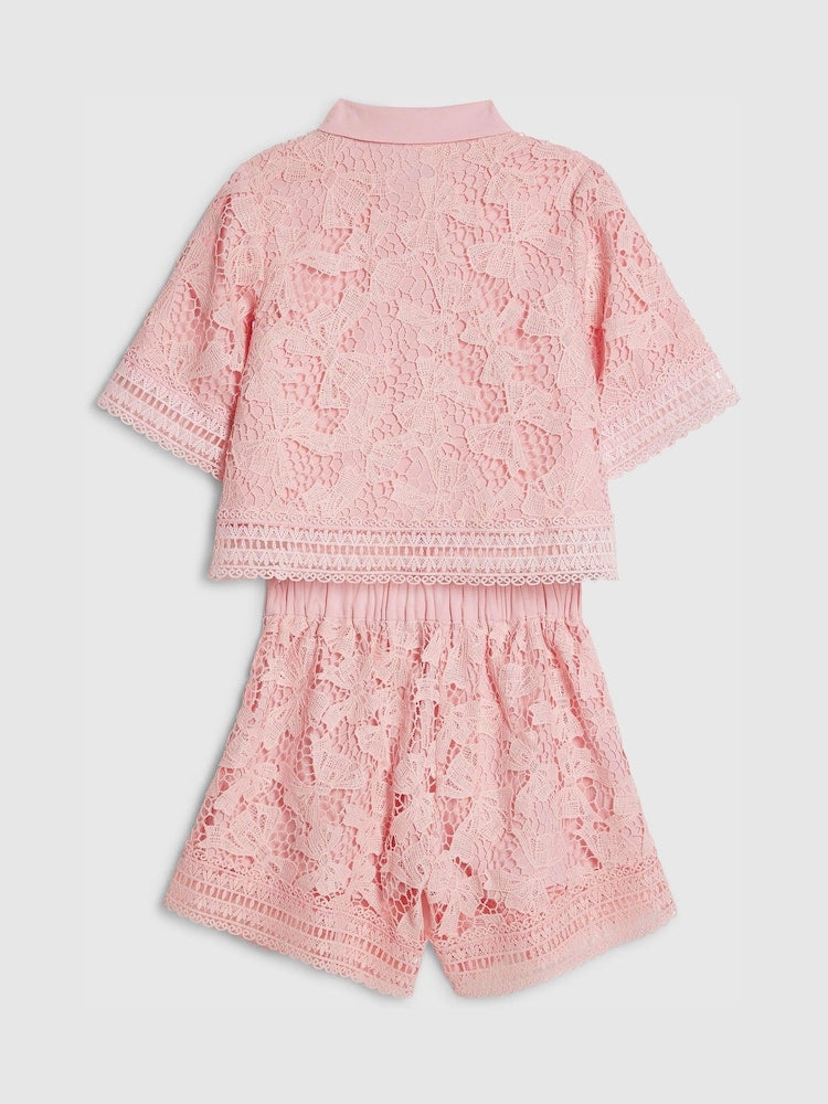 River Island Pink Lace Blouse and Shorts Set