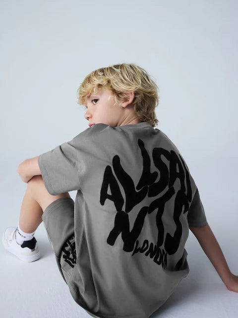 Boys smALLSAINTS Charcoal Grey/Flocked Orlando T-Shirt and Sweat Shorts Set