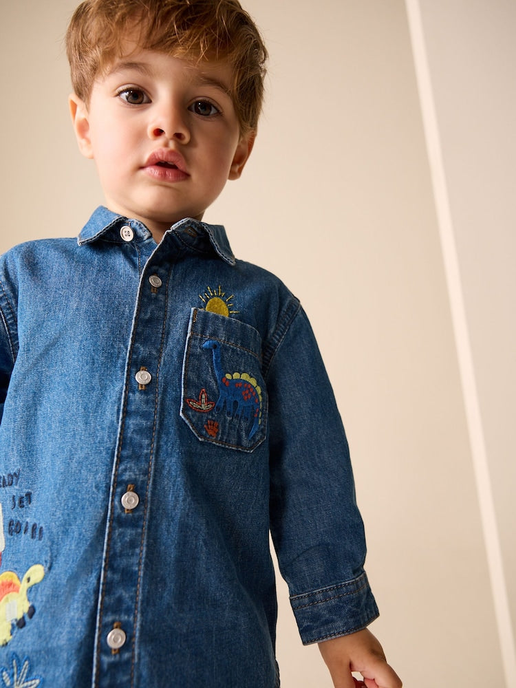 Blue Dino Embroidery Long Sleeve Denim Shirt (3mths-7yrs)