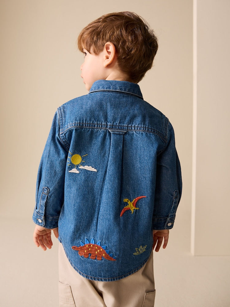 Blue Dino Embroidery Long Sleeve Denim Shirt (3mths-7yrs)