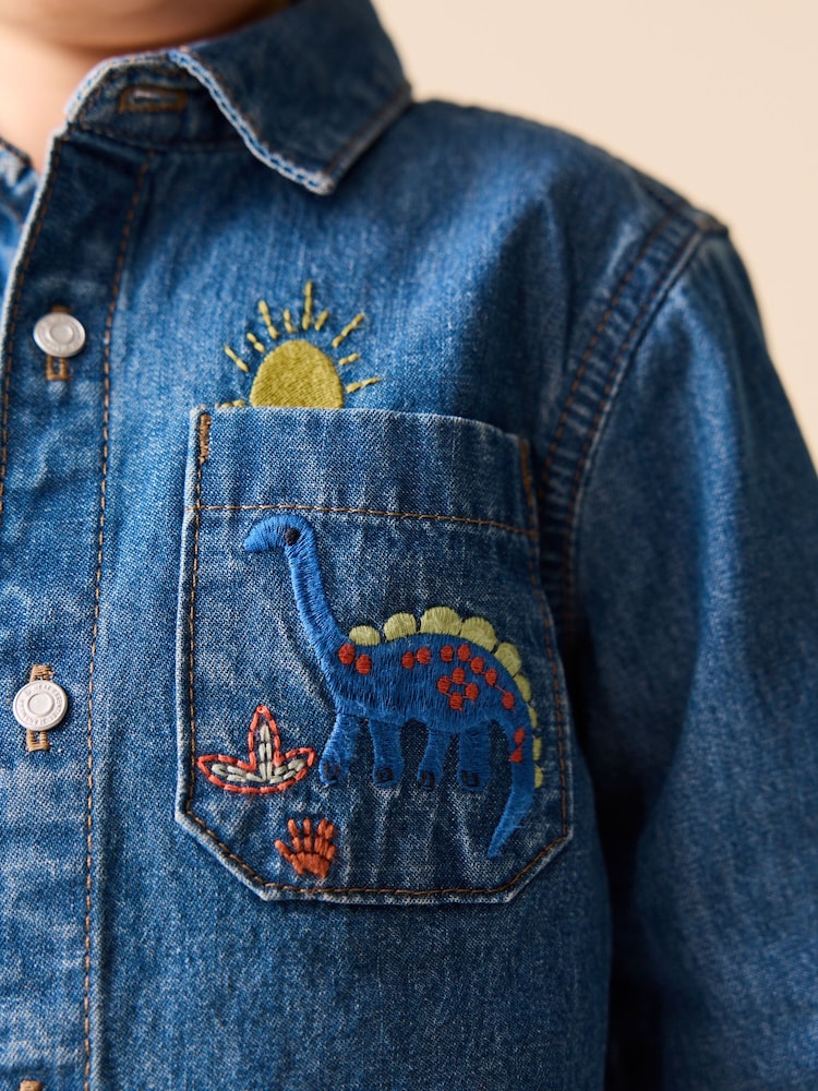Blue Dino Embroidery Long Sleeve Denim Shirt (3mths-7yrs)