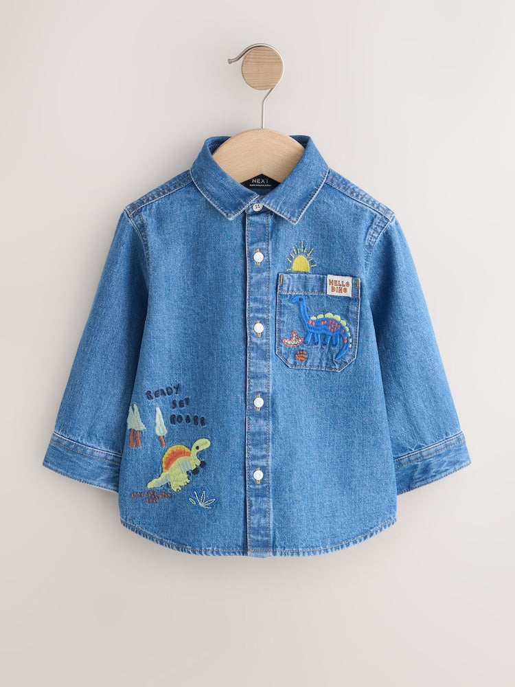 Blue Dino Embroidery Long Sleeve Denim Shirt (3mths-7yrs)