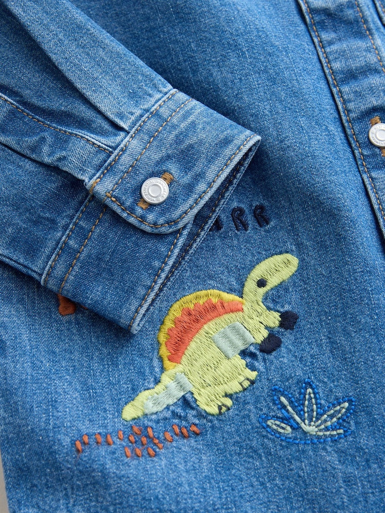 Blue Dino Embroidery Long Sleeve Denim Shirt (3mths-7yrs)