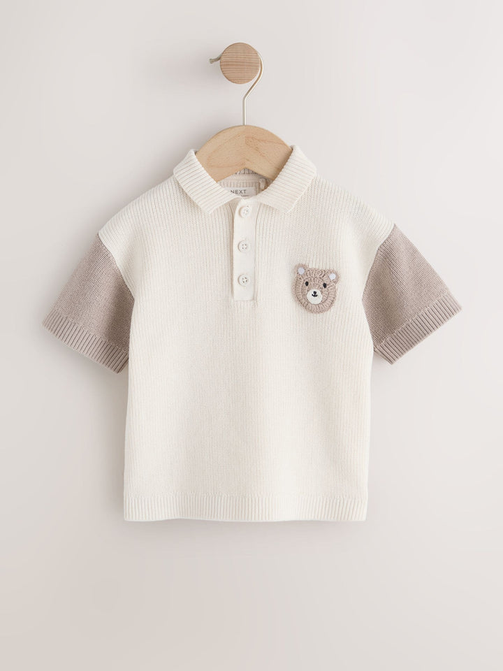 Neutral Bear Character Button Neck Knitted Polo Shirt (3mths-7yrs)