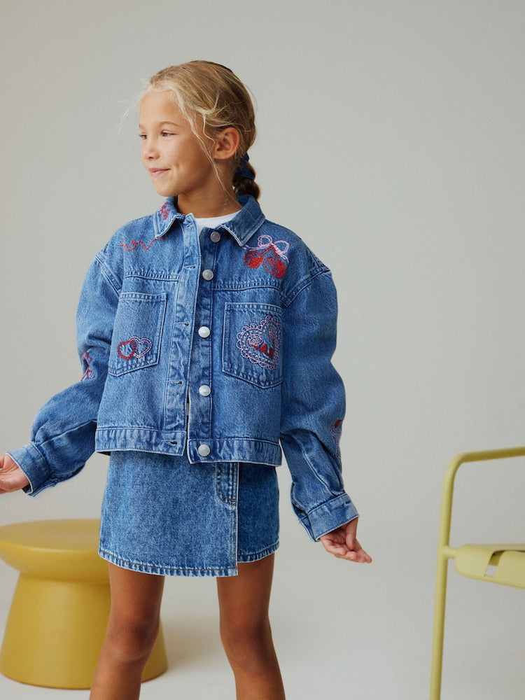 Mid Blue Heart Embroidered Denim Shacket (3-16yrs) - Image 1 of 9