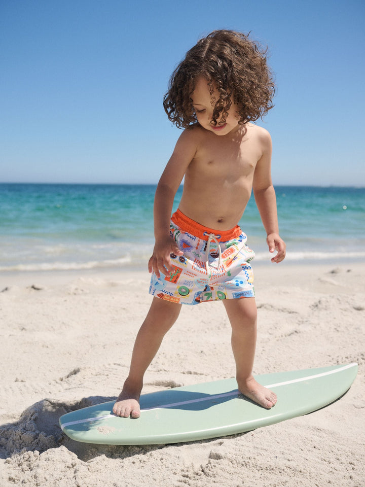 White Postcard Printed Swim Shorts (3mths-7yrs)