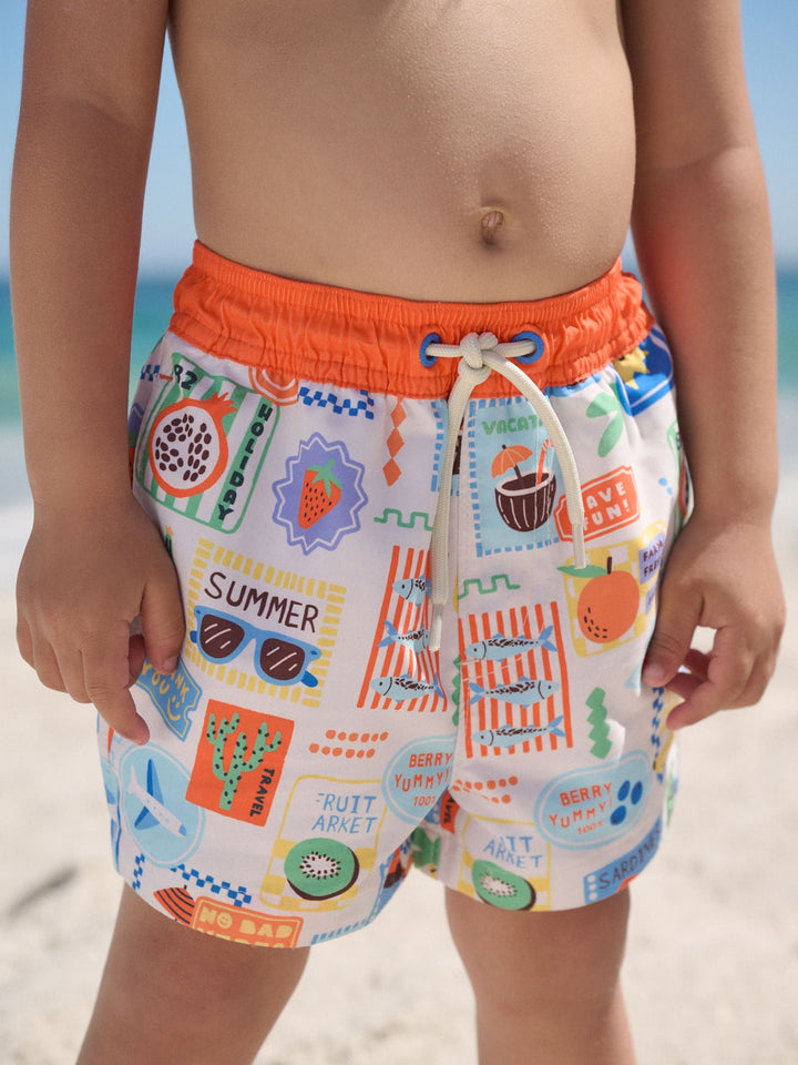 White Postcard Printed Swim Shorts (3mths-7yrs)