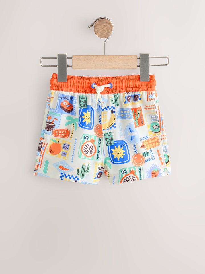 White Postcard Printed Swim Shorts (3mths-7yrs)