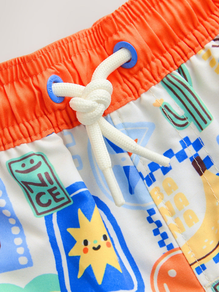 White Postcard Printed Swim Shorts (3mths-7yrs)