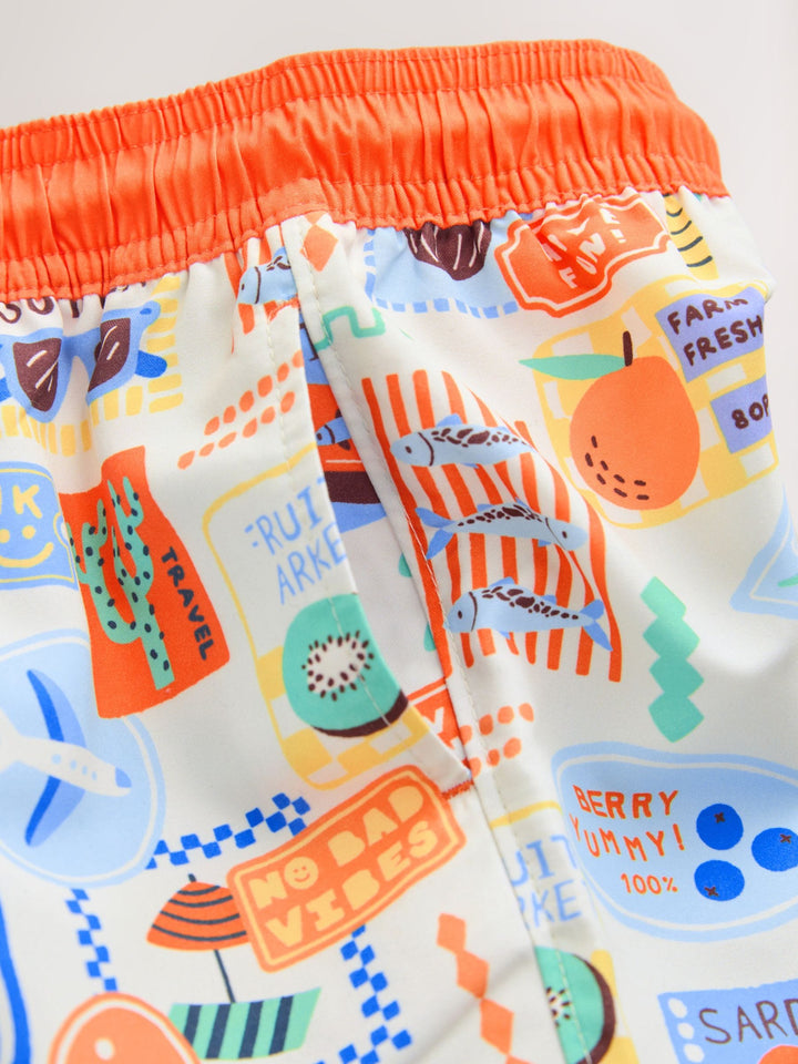 White Postcard Printed Swim Shorts (3mths-7yrs)