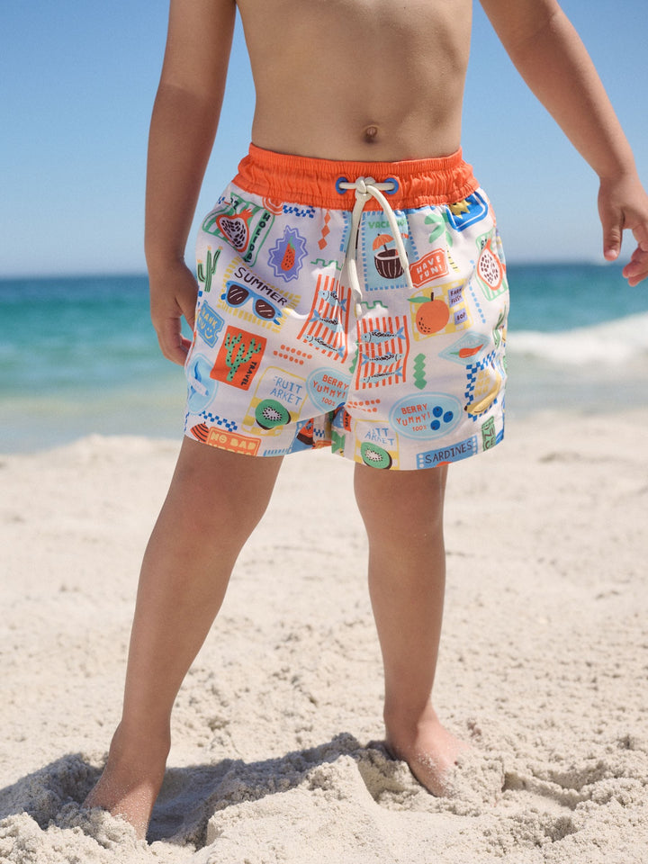 White Postcard Printed Swim Shorts (3mths-7yrs)