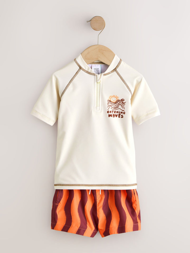 Orange/Ecru Short Sleeve Sunsafe Rash Vest and Swim Shorts Set (3mths-7yrs)