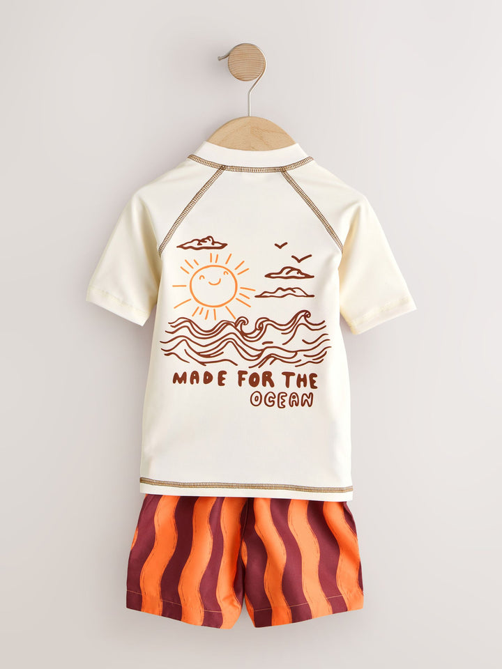 Orange/Ecru Short Sleeve Sunsafe Rash Vest and Swim Shorts Set (3mths-7yrs)