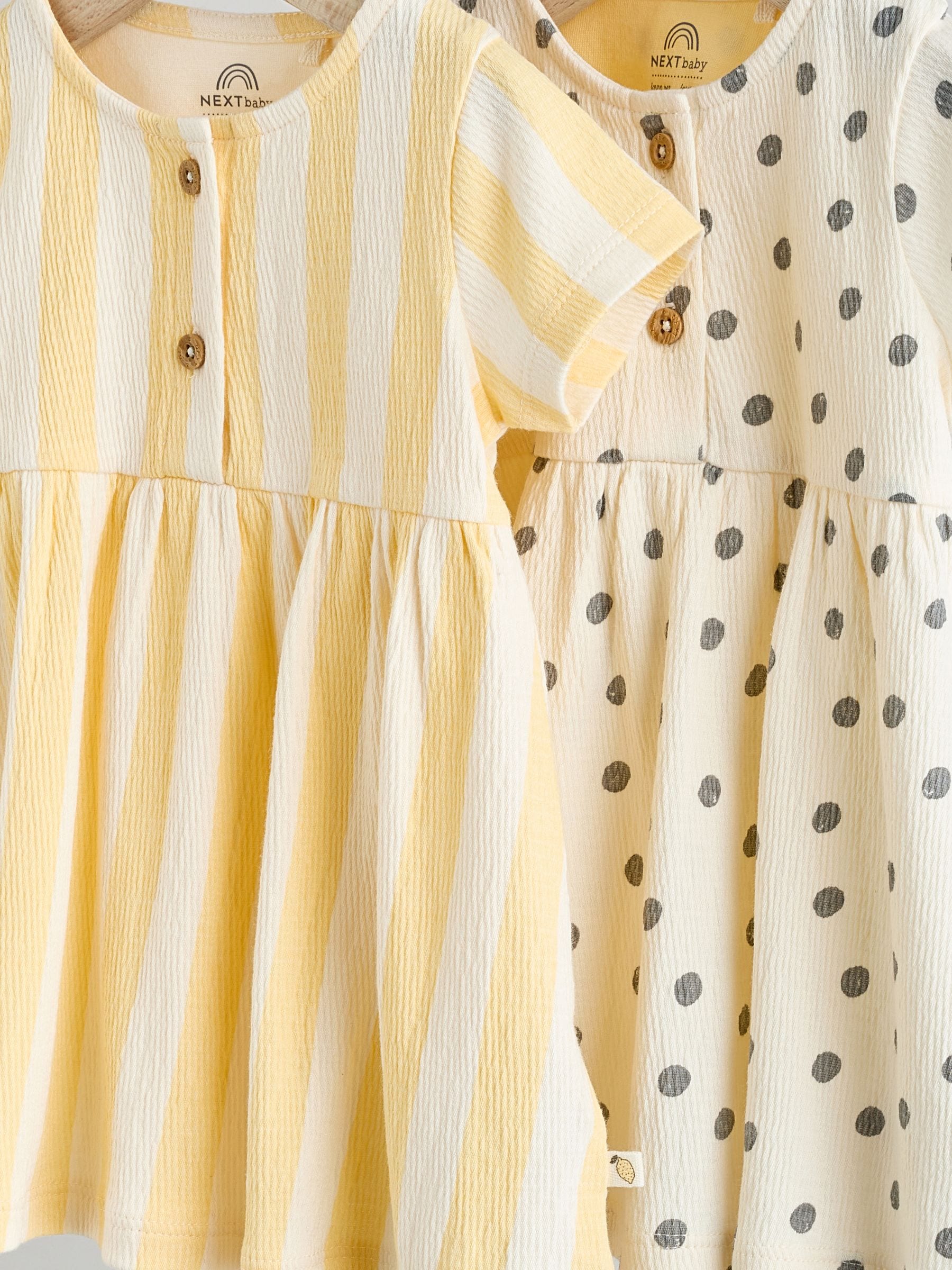 Yellow/Cream Spot/Stripe Baby Short Sleeve Dresse 2 Pack (0mths-3yrs)