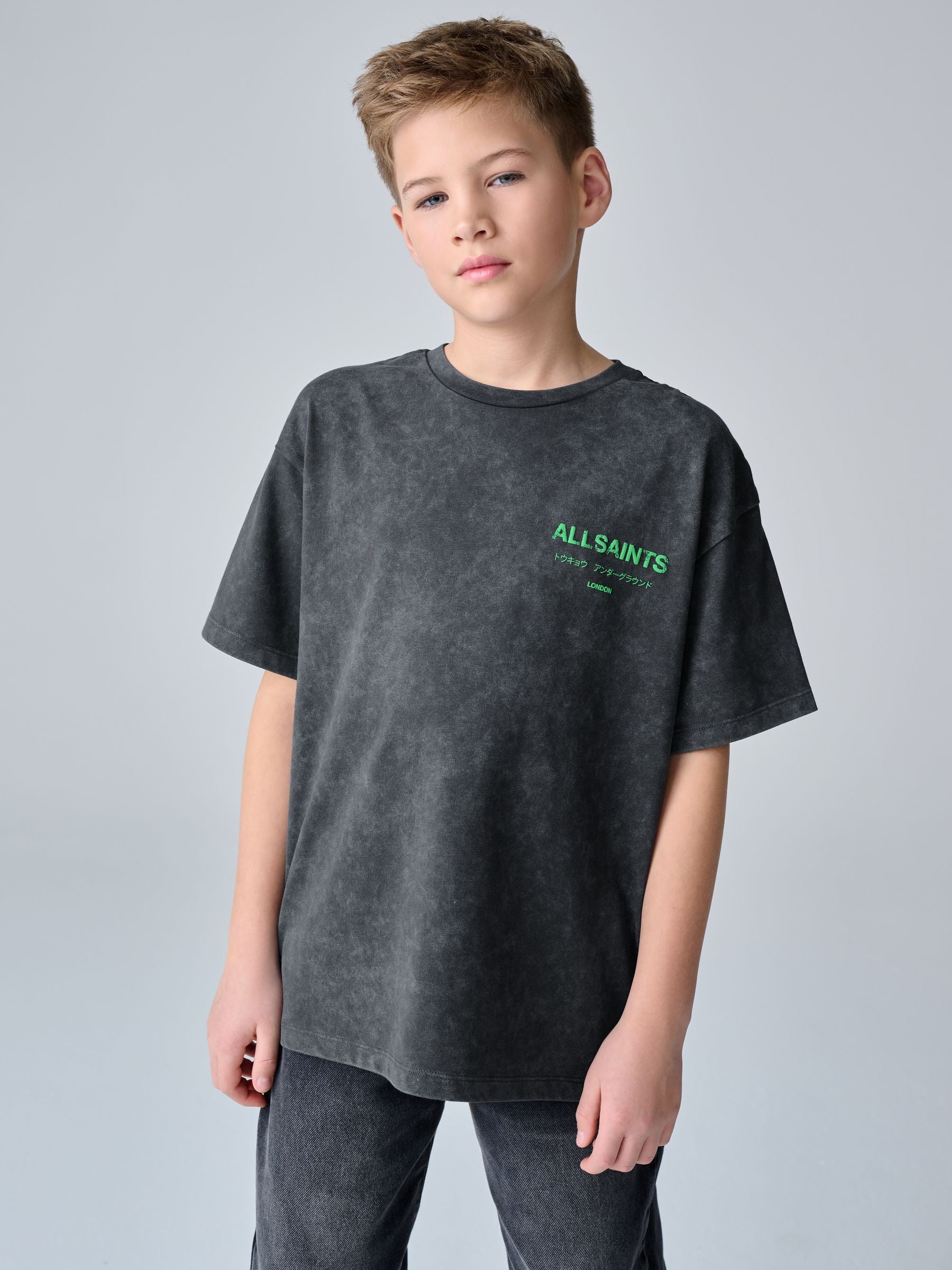 smALLSAINTS Washed Black/Green Oversized Underground Crew Neck Cotton T-Shirt