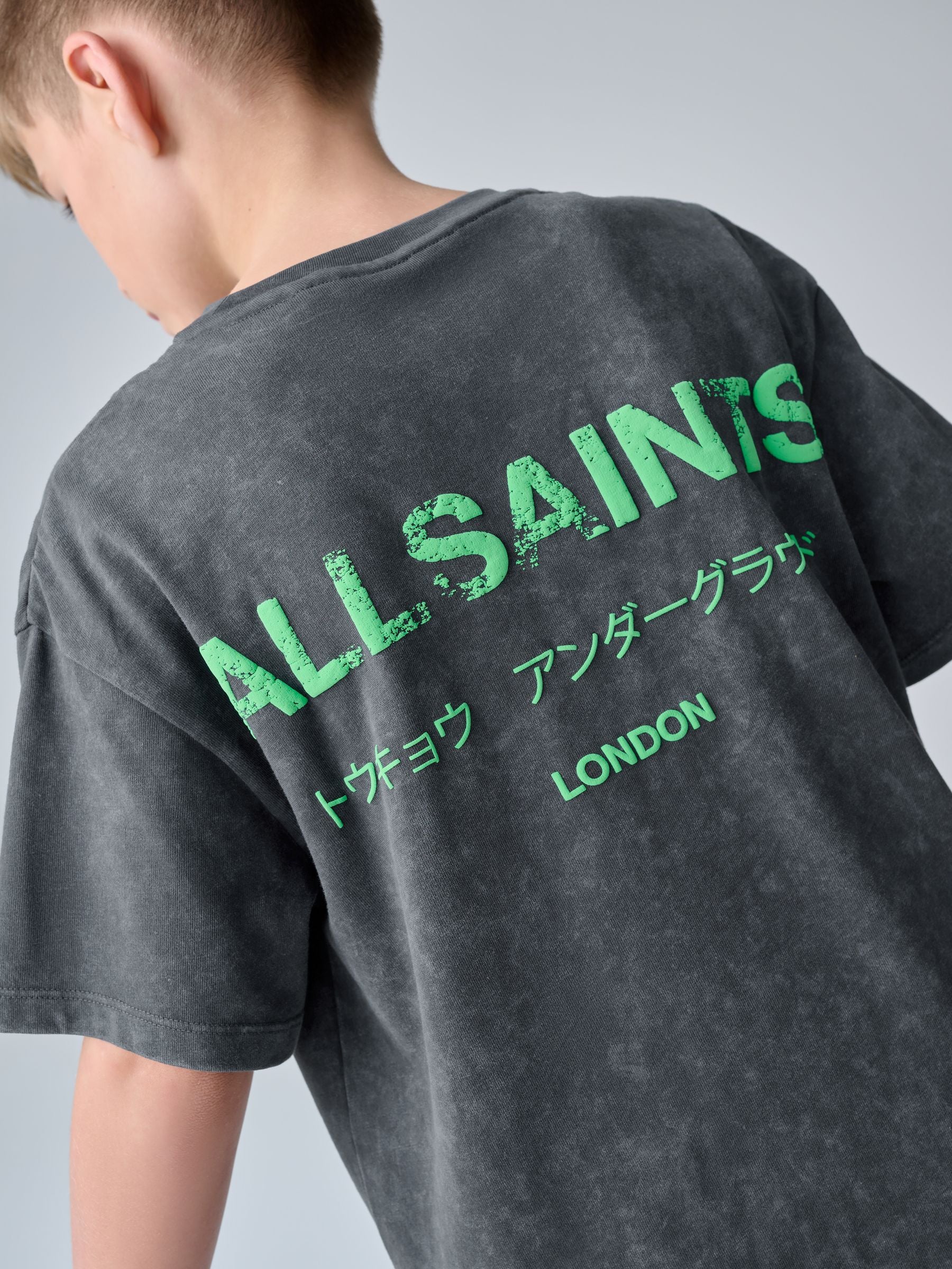 smALLSAINTS Washed Black/Green Oversized Underground Crew Neck Cotton T-Shirt