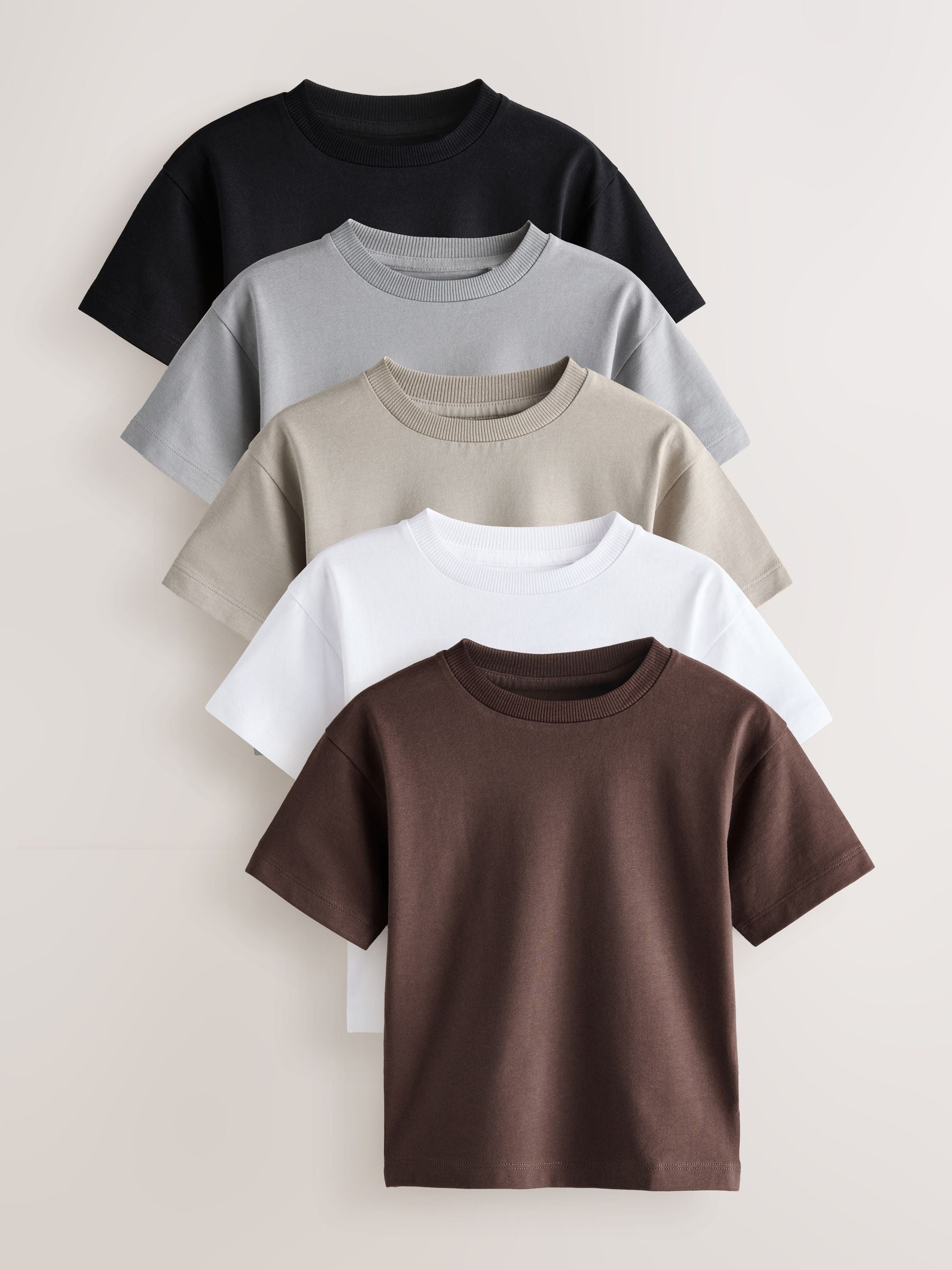 Black/Grey/Brown/Stone/White Relaxed Fit Short Sleeve T-Shirts 5 Pack (3mths-7yrs)