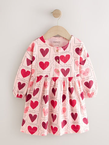 Pink Hearts Long Sleeve Jersey Dress (3mths-7yrs) - Image 1 of 4