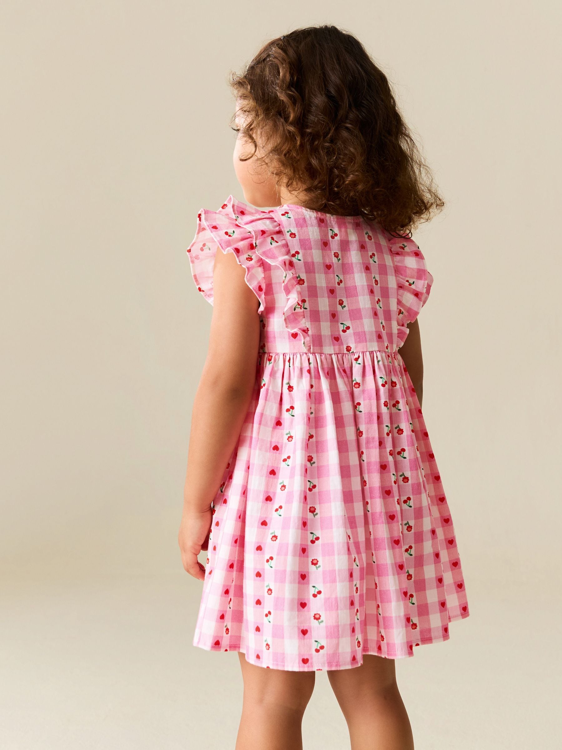 Pink Gingham Cherry Double Ruffle Sleeve Dress (3mths-8yrs)