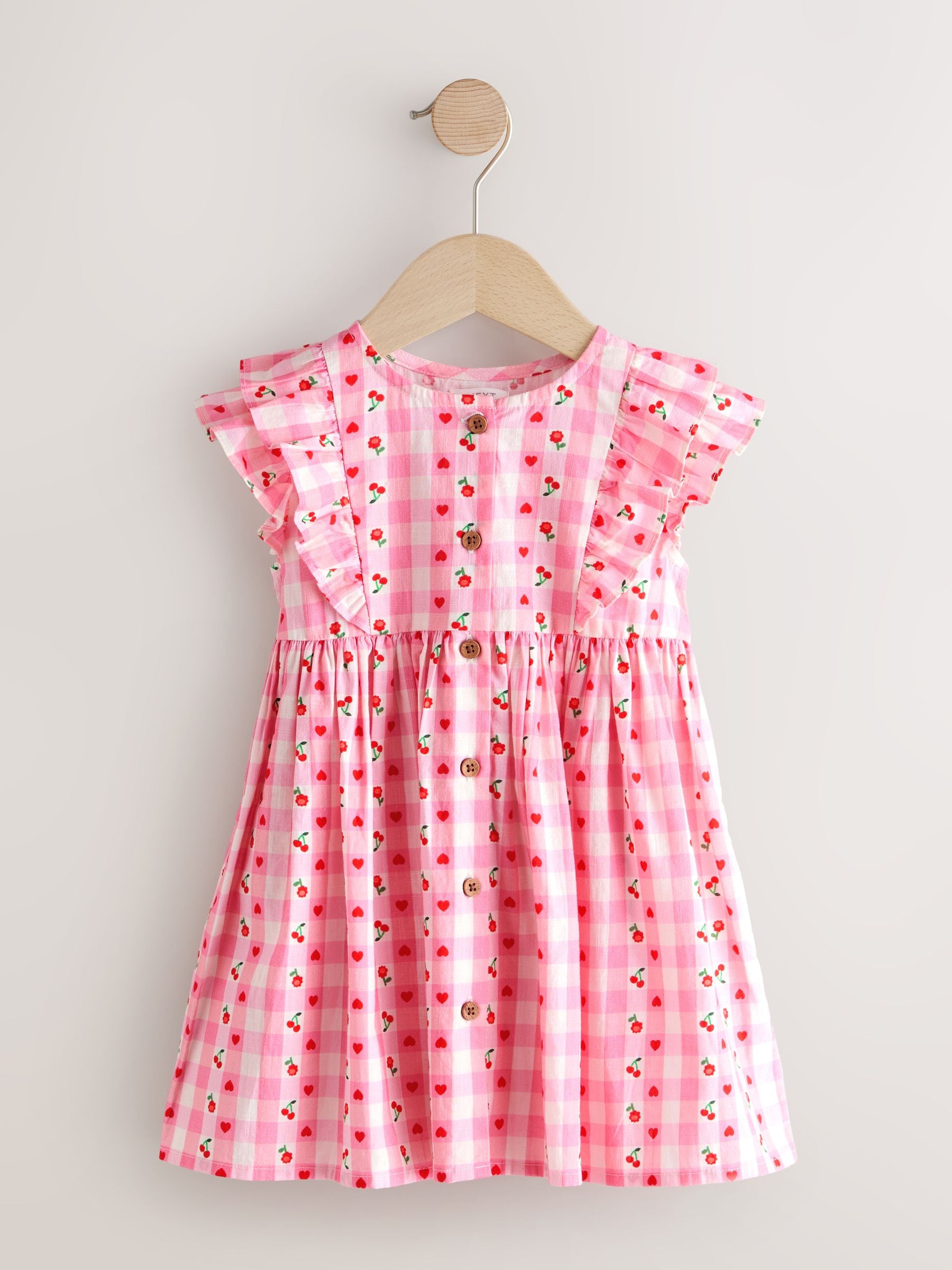Pink Gingham Cherry Double Ruffle Sleeve Dress (3mths-8yrs)