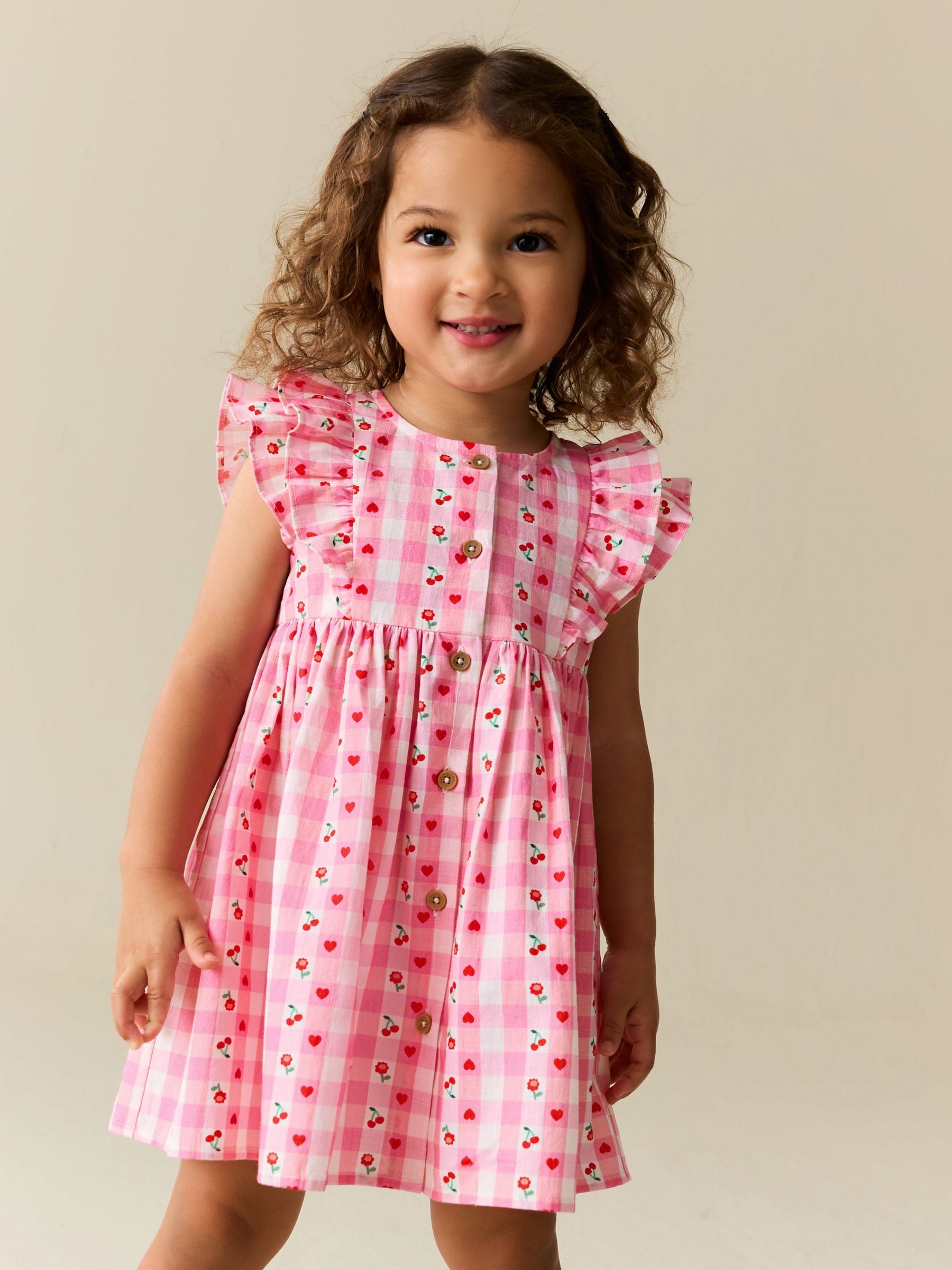 Pink Gingham Cherry Double Ruffle Sleeve Dress (3mths-8yrs)
