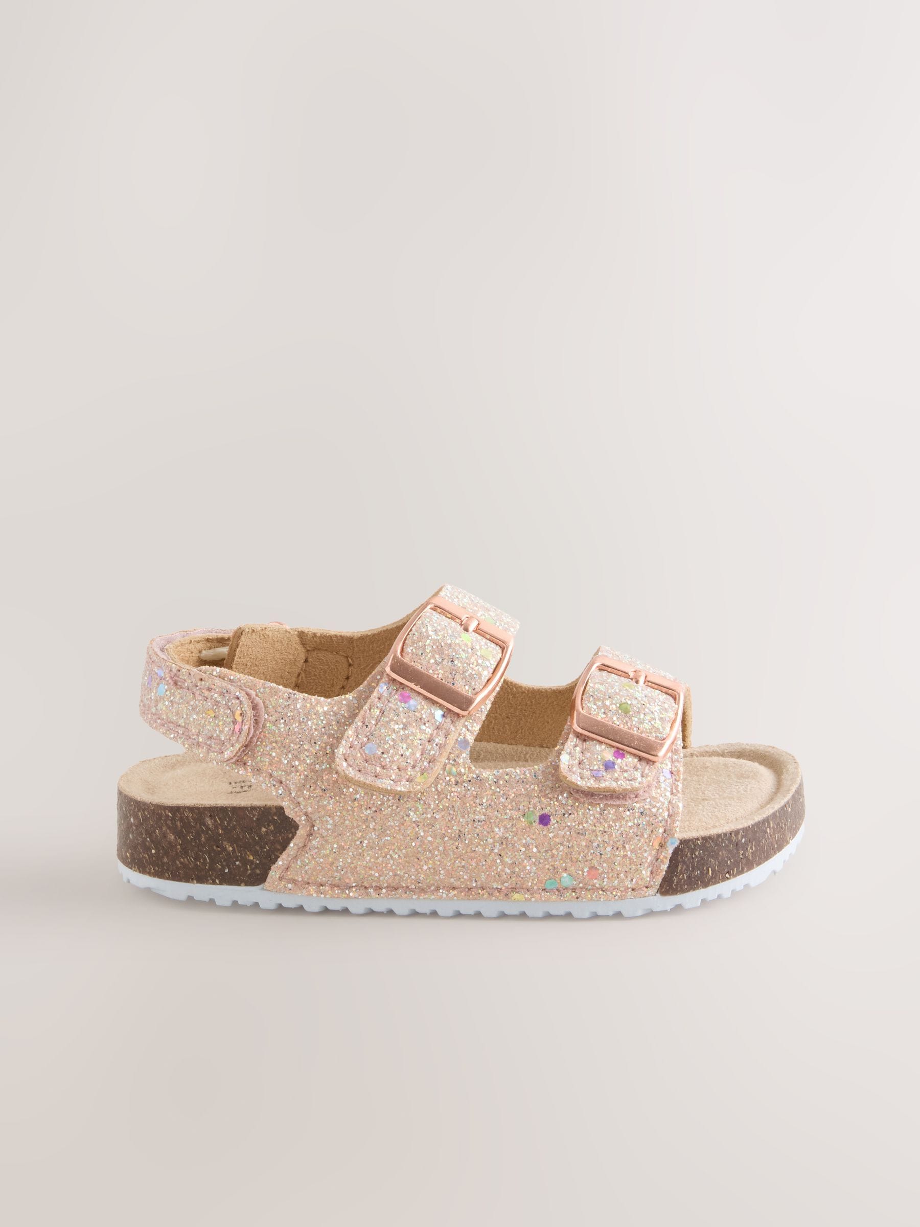 Rose Gold Glitter Standard Fit (F) Double Buckle Cushioned Footbed Sandals