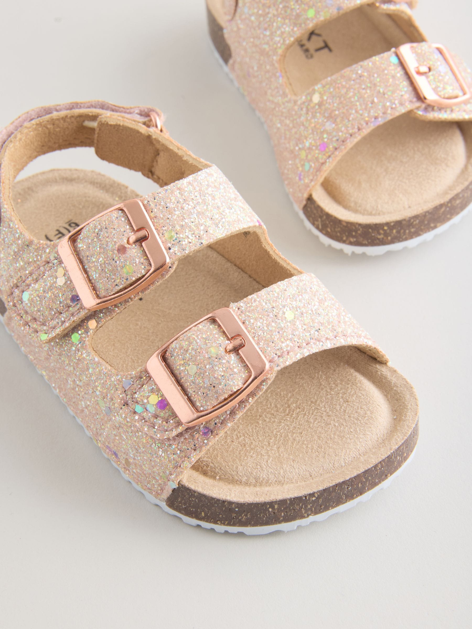 Rose Gold Glitter Standard Fit (F) Double Buckle Cushioned Footbed Sandals