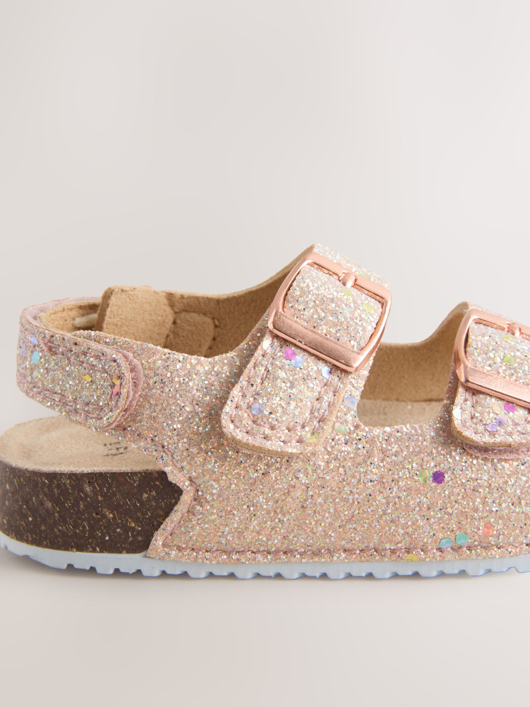 Rose Gold Glitter Standard Fit (F) Double Buckle Cushioned Footbed Sandals
