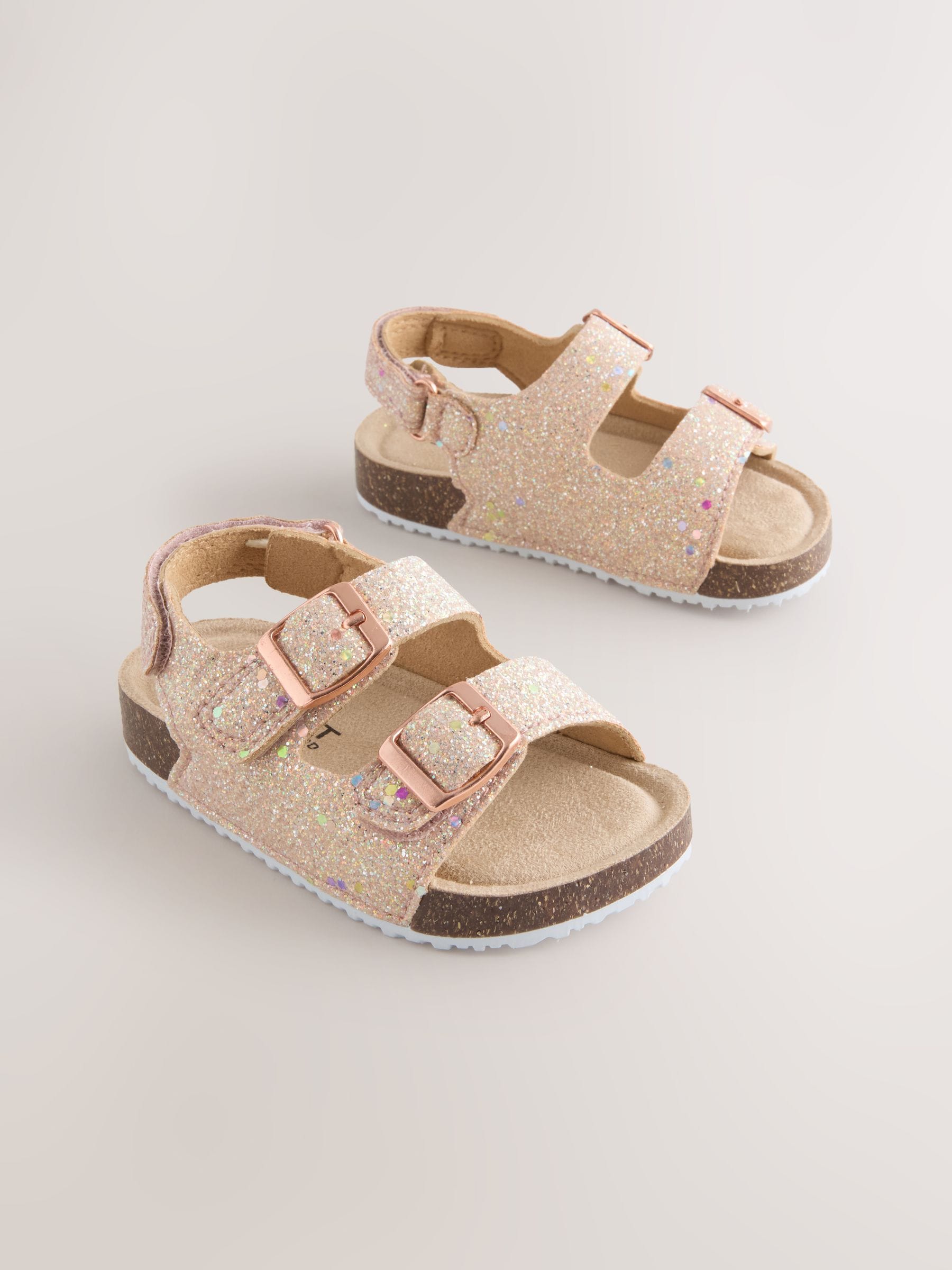 Rose Gold Glitter Standard Fit (F) Double Buckle Cushioned Footbed Sandals