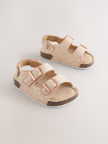 Rose Gold Glitter Standard Fit (F) Double Buckle Cushioned Footbed Sandals