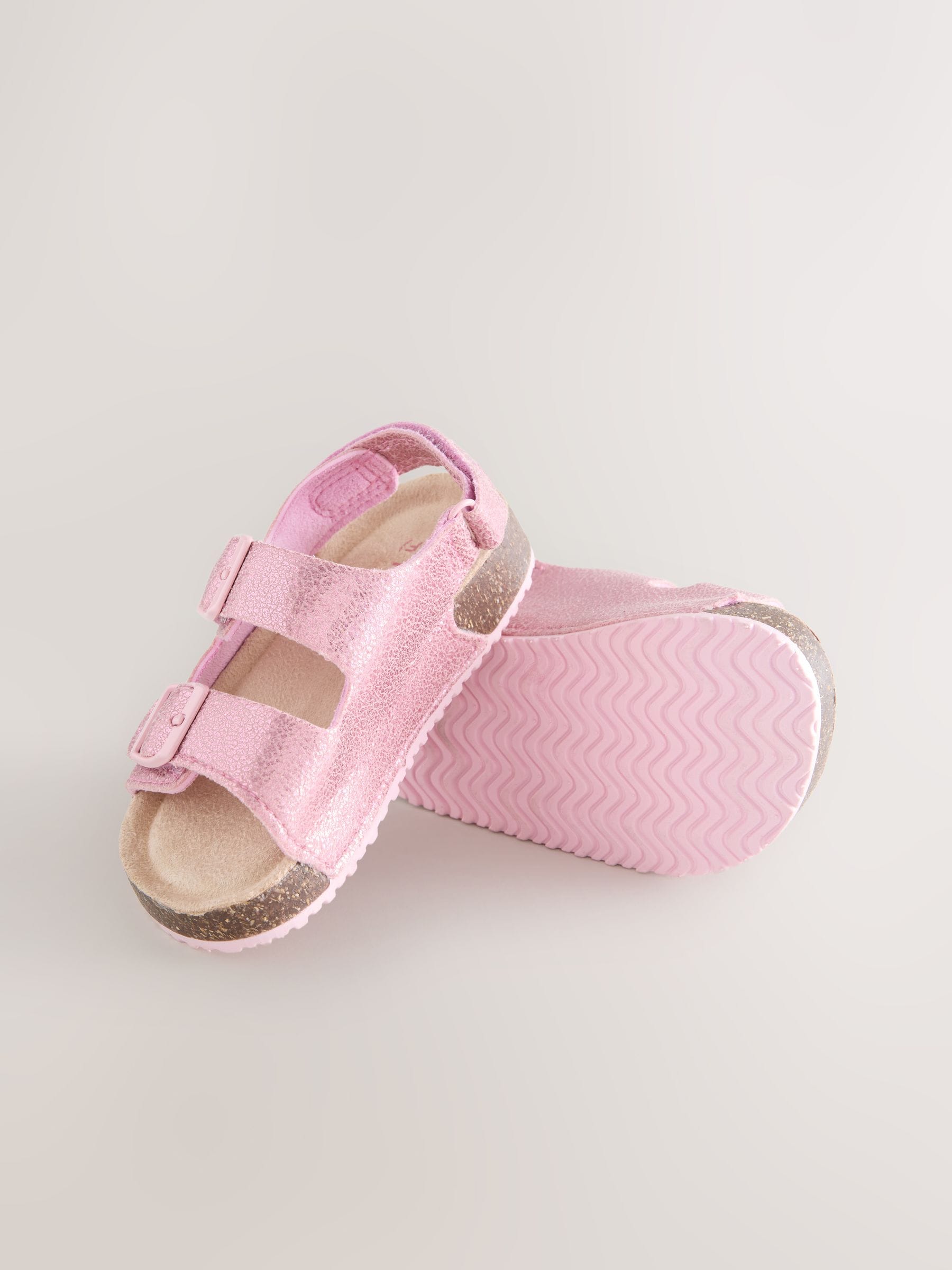 Pink Metallic Wide Fit (G) Double Buckle Cushioned Footbed Sandals