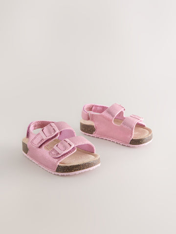 Pink Metallic Wide Fit (G) Double Buckle Cushioned Footbed Sandals