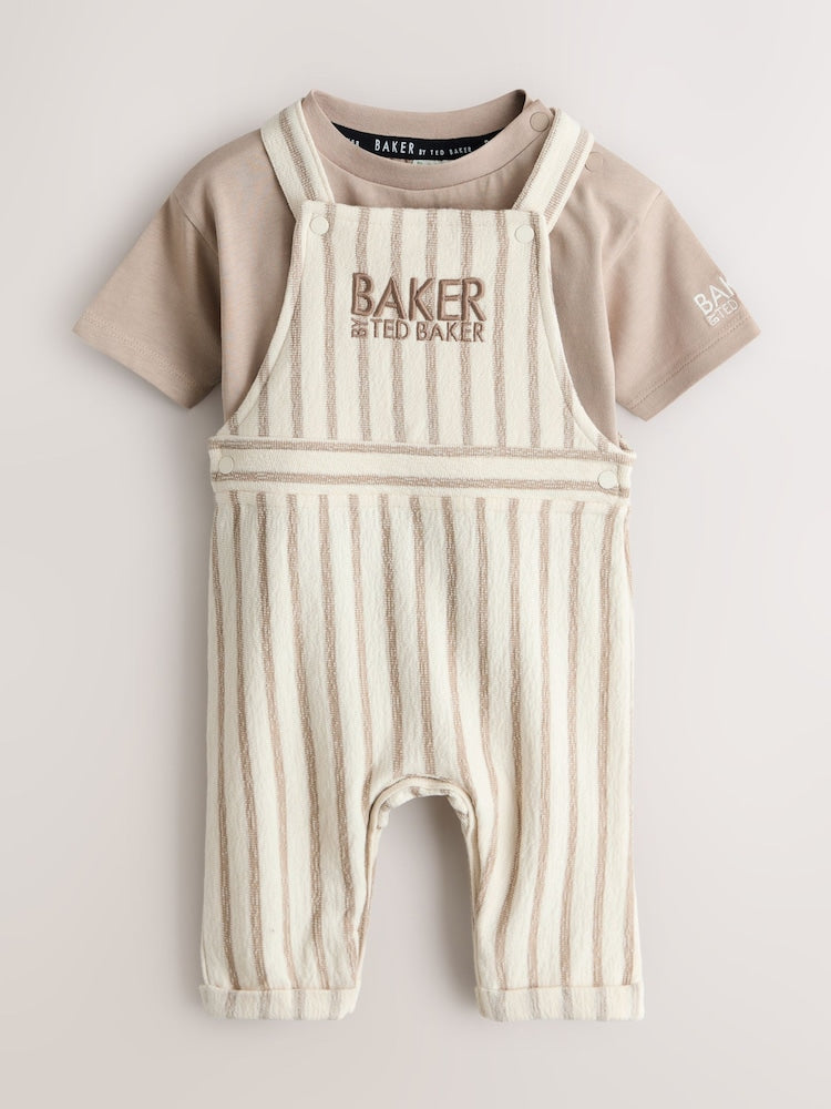 Baker by Ted Baker Stone Striped Dungaree and Short Sleeve T-Shirt Set