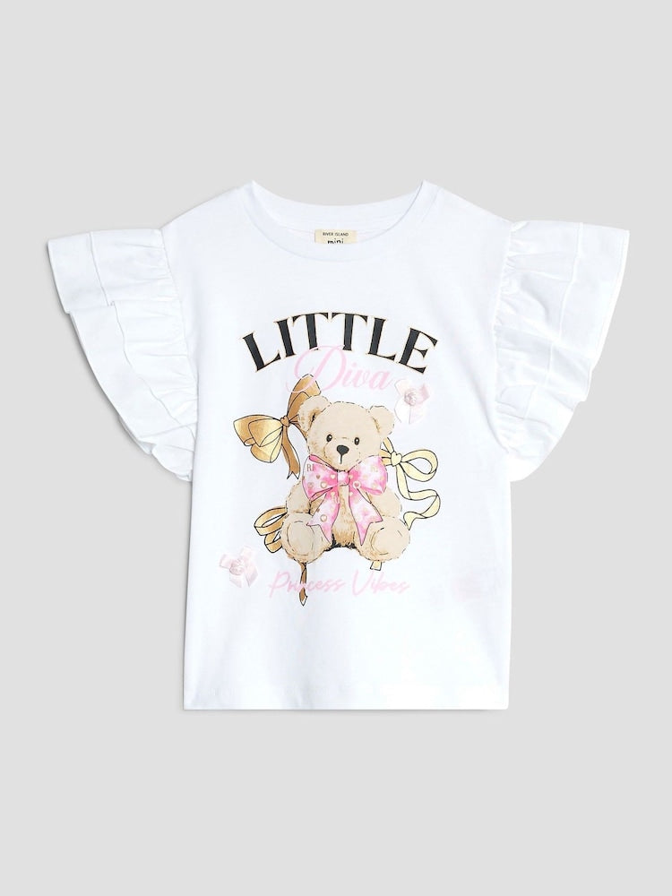 River Island White Girls Frill Sleeve Bear Print T-Shirt