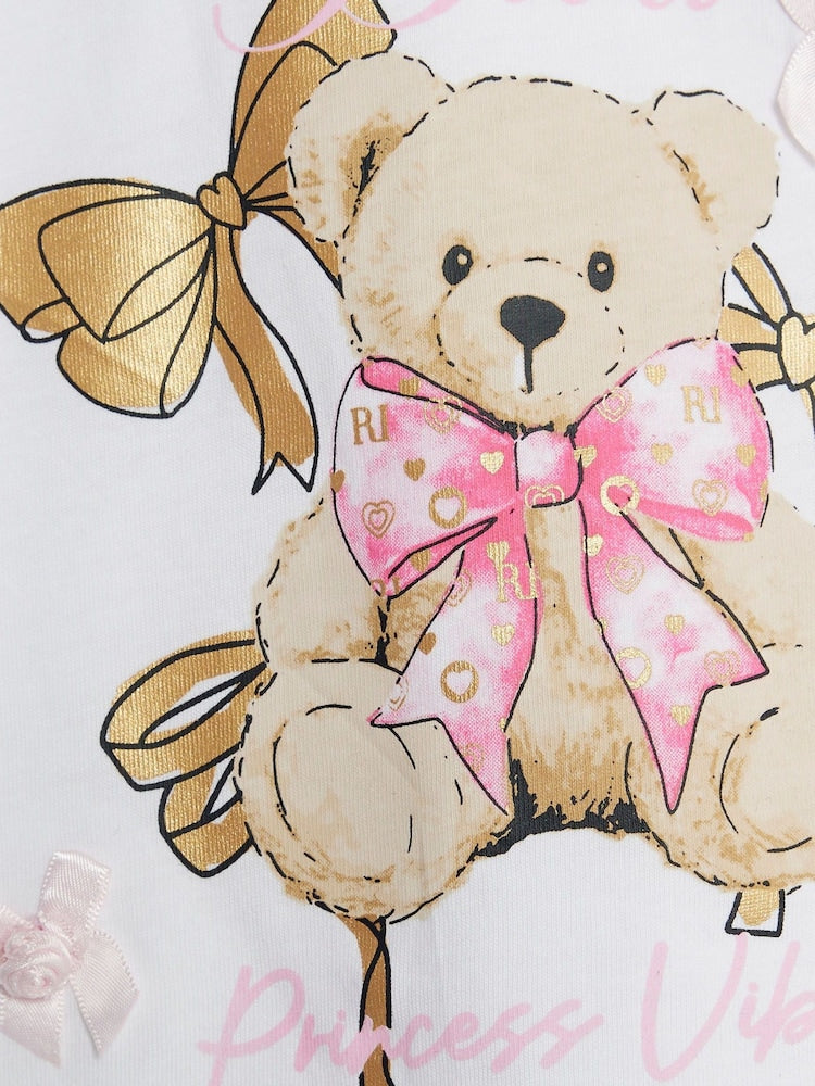 River Island White Girls Frill Sleeve Bear Print T-Shirt