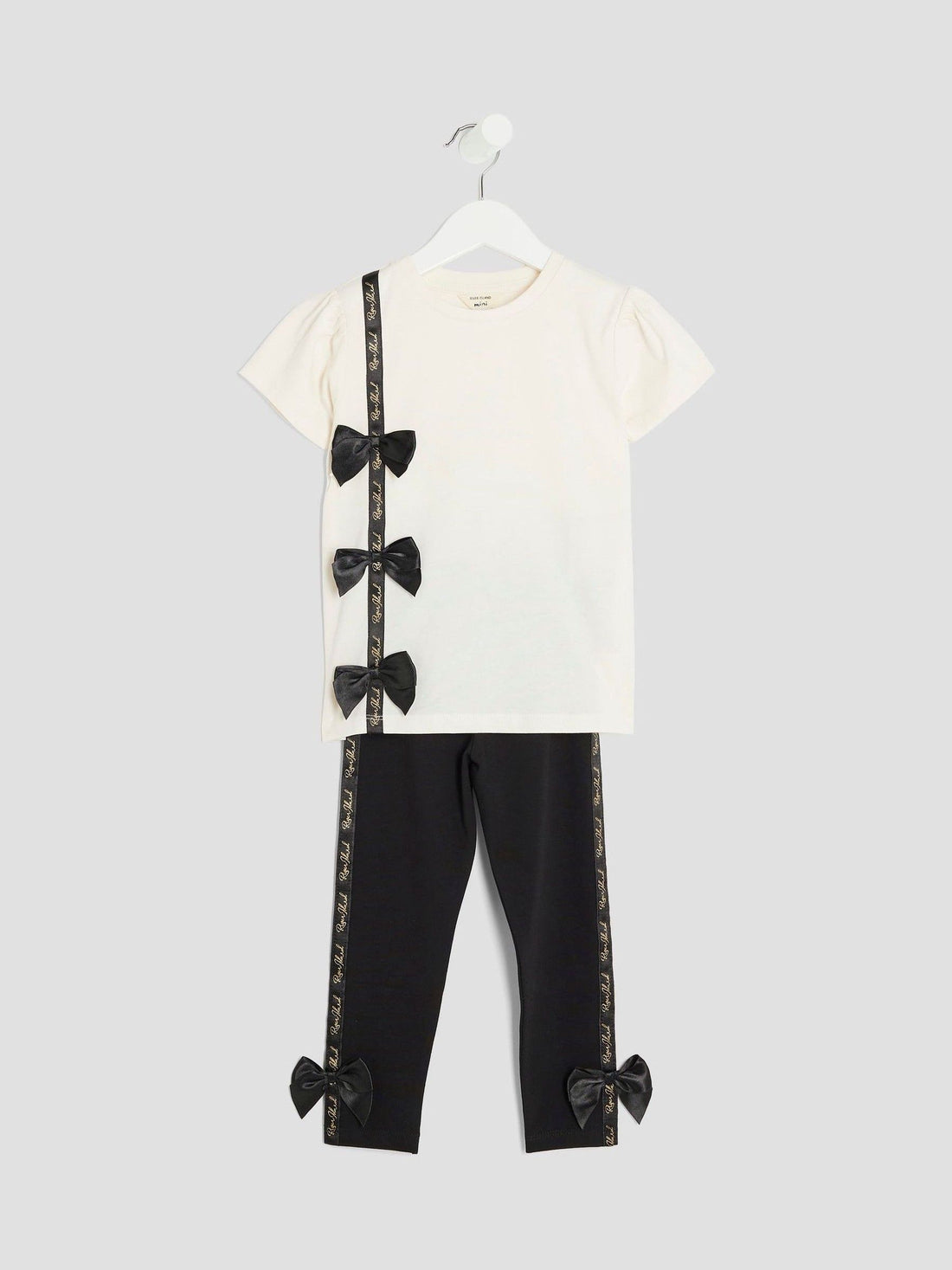 River Island Cream Girls Branded Bow T-Shirt Set