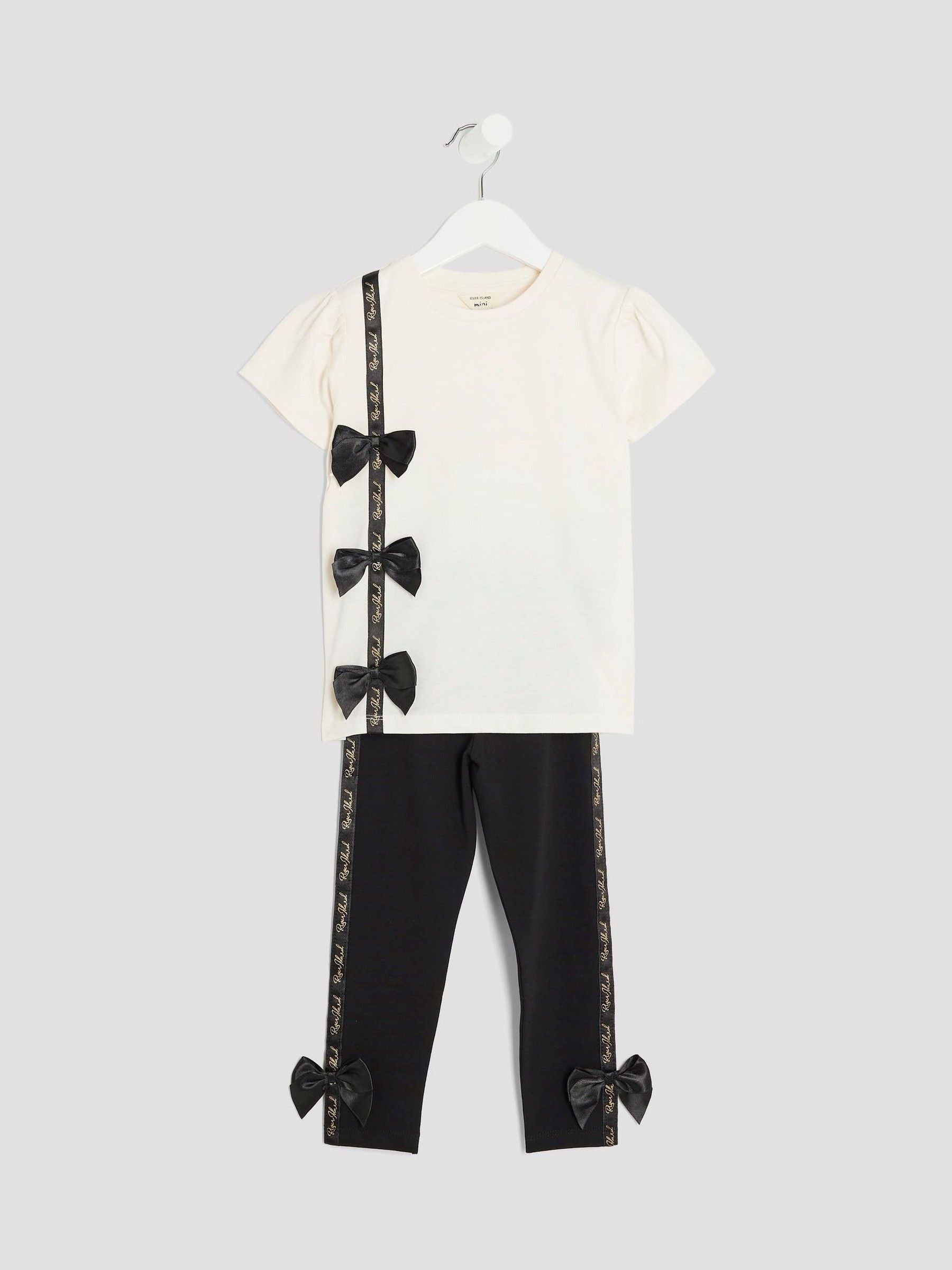 River Island Cream Girls Branded Bow T-Shirt Set