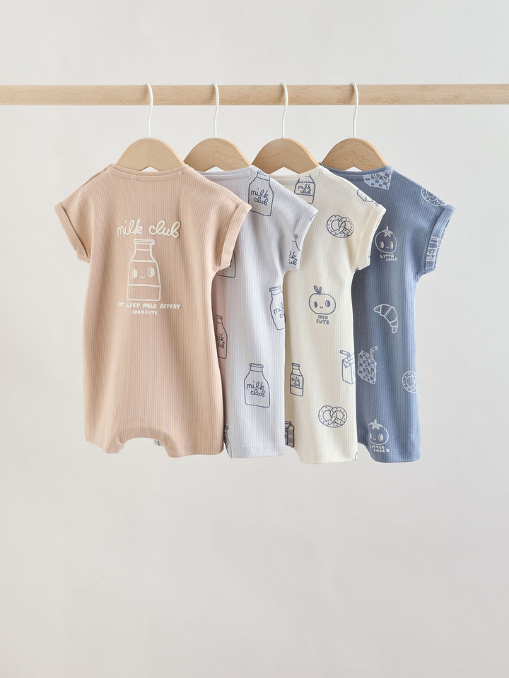 Blue/Neutral 100% Cotton Baby Rompers 4 Pack