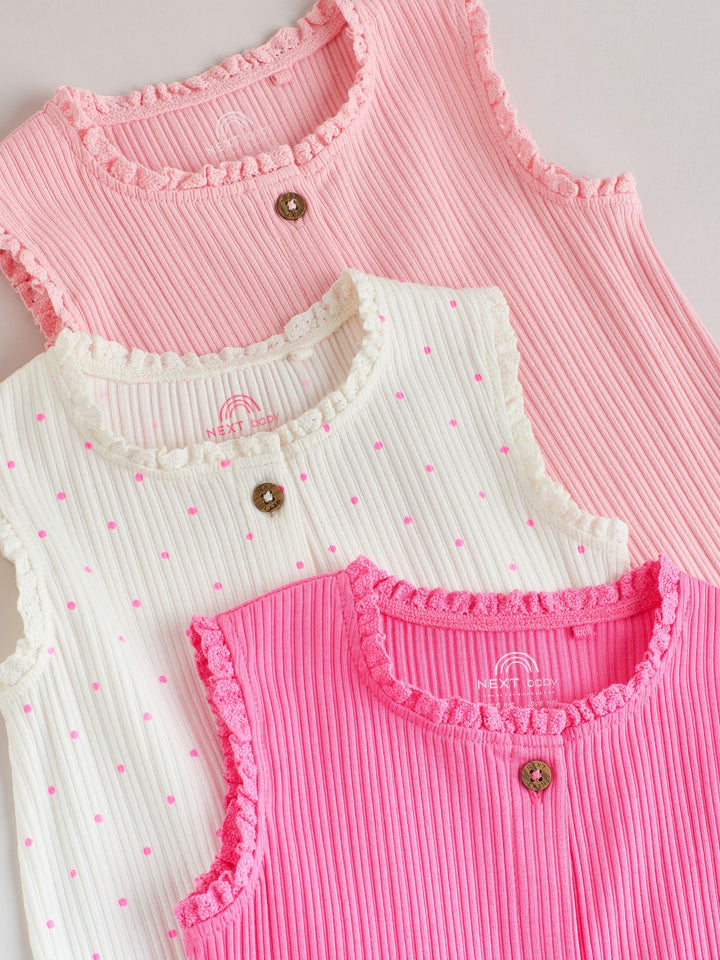 Pink Tonal Button Through Wide Leg Jersey Baby Rompers 3 Pack