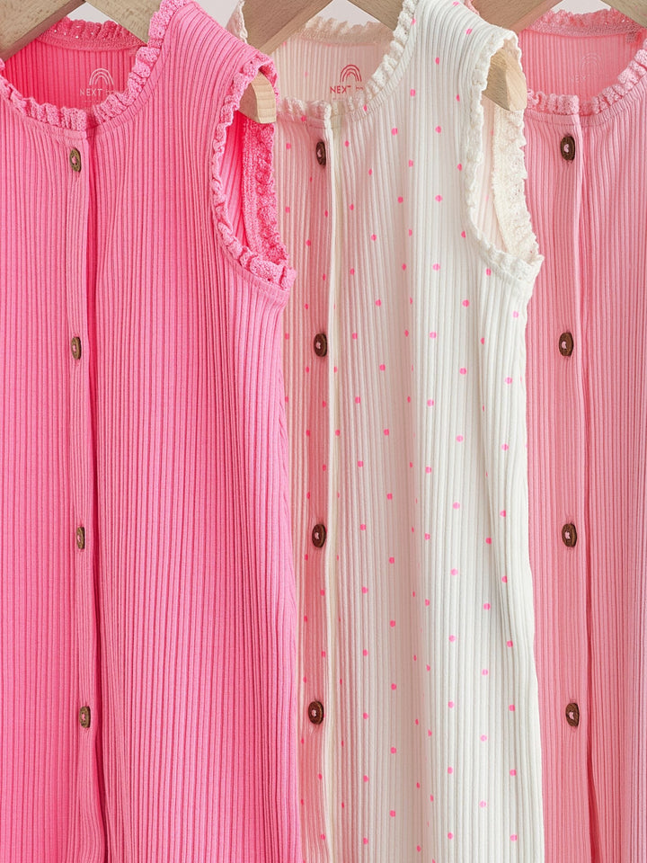 Pink Tonal Button Through Wide Leg Jersey Baby Rompers 3 Pack